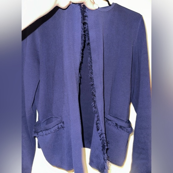 J. McLaughlin women’s blue fringe detail open sweater cardigan M fall office - Picture 3 of 8